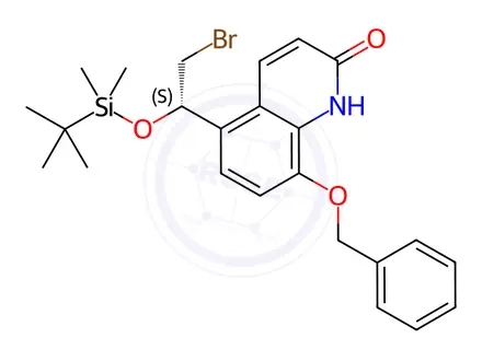 Chemical structure of (R)-8-(Benzyloxy)-5-(2-bromo-1-((tert-butyldimethylsilyl)oxy)ethyl)quinolin-2(1H)-one