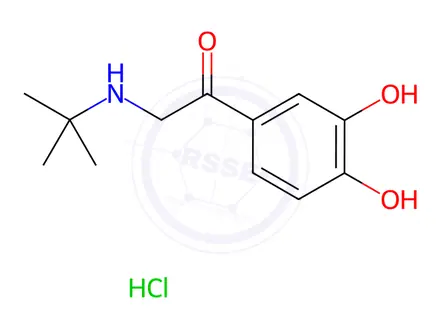 Chemical structure of 1-(3,4-dihydroxyphenyl)-2-[(1,1-dimethylethyl)amino]ethan-1-one hydrochloride