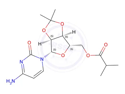 Chemical structure of ((3aS,4S,6S,6aS)-6-(4-amino-2-oxopyrimidin-1(2H)-yl)-2,2-dimethyltetrahydrofuro[3,4-d][1,3]dioxol-4-yl)methyl isobutyrate
