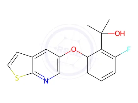 Chemical structure of 2-(2-fluoro-6-{thieno[2,3-b]pyridin-5-yloxy}phenyl) propan-2-ol