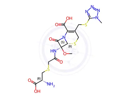 Chemical structure of (6R,7S)-7-(2-(((R)-2-Amino-2-carboxyethyl)thio)acetamido)-7-methoxy-3-(((1-methyl-1H-tetrazol-5-yl)thio)methyl)-8-oxo-5-thia-1-azabicyclo[4.2.0]oct-2-ene-2-carboxylic Acid