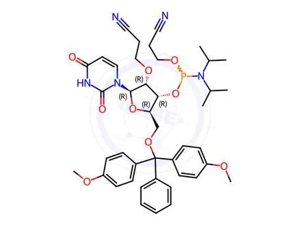 Chemical structure of Uridine, 5'-O-[bis(4-methoxyphenyl)phenylmethyl]-2'-O-(2-cyanoethyl)-, 3'-[2-cyanoethyl N,N-bis(1-methylethyl)phosphoramidite]
