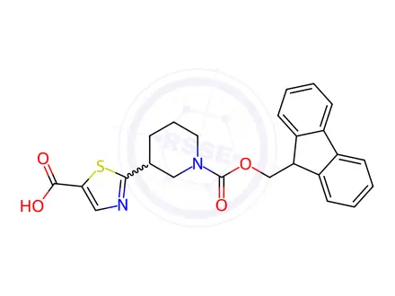 Chemical structure of 2-(1-(((9H-Fluoren-9-yl)methoxy)carbonyl)piperidin-3-yl)thiazole-5-carboxylic acid