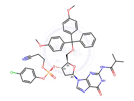 Chemical structure of 3'-Guanylic acid, 5'-O-[bis(4-methoxyphenyl)phenylmethyl]-2'-deoxy-N-(2-methyl-1-oxopropyl)-, 4-chlorophenyl 2-cyanoethyl ester