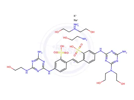 Chemical structure of Benzenesulfonic acid, 5-[[4-amino-6-[bis(2-hydroxyethyl)amino]-1,3,5-triazin-2-yl]amino]-2-[2-[4-[[4-amino-6-[(2-hydroxyethyl)amino]-1,3,5-triazin-2-yl]amino]-2-sulfophenyl]ethenyl]-, ammonium potassium sodium salt, compd. with 2-aminoethan