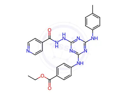 Chemical structure of Ethyl 4-((4-(2-isonicotinoylhydrazineyl)-6-(p-tolylamino)-1,3,5-triazin-2-yl)amino)benzoate