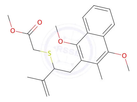 Chemical structure of Methyl 2-((1-(1,4-dimethoxy-3-methylnaphthalen-2-yl)-3-methylbut-3-en-2-yl)thio)acetate