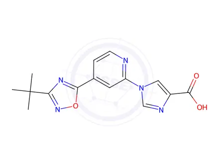 Chemical structure of 1-(4-(3-(tert-Butyl)-1,2,4-oxadiazol-5-yl)pyridin-2-yl)-1H-imidazole-4-carboxylic acid