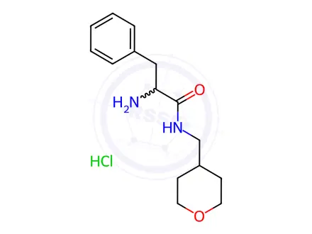Chemical structure of 2-Amino-3-phenyl-N-((tetrahydro-2H-pyran-4-yl)methyl)propanamide hydrochloride