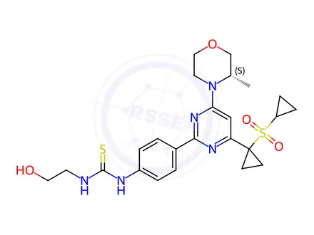 Chemical structure of (S)-1-(4-(4-(1-(cyclopropylsulfonyl)cyclopropyl)-6-(3-methylmorpholino)pyrimidin-2-yl)phenyl)-3-(2-hydroxyethyl)thiourea
