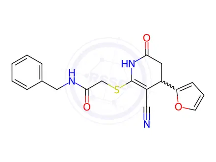 Chemical structure of N-Benzyl-2-((3-cyano-4-(furan-2-yl)-6-oxo-1,4,5,6-tetrahydropyridin-2-yl)thio)acetamide