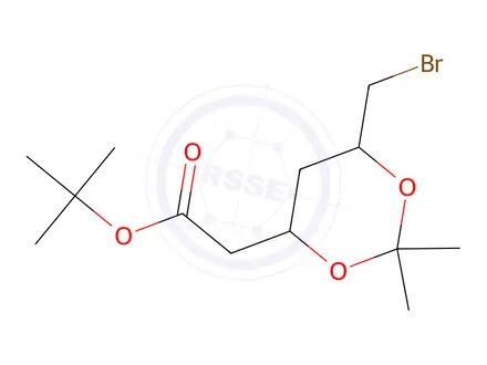 Chemical structure of tert-butyl 2-((4R,6S)-6-(bromomethyl)-2,2-dimethyl-1,3-dioxan-4-yl)acetate