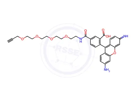 Chemical structure of 5-((3,6,9,12-tetraoxapentadec-14-yn-1-yl)carbamoyl)-2-(3,6-diaminoxanthylium-9-yl)benzoate