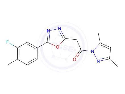Chemical structure of 1-(3,5-Dimethyl-1H-pyrazol-1-yl)-2-(5-(3-fluoro-4-methylphenyl)-1,3,4-oxadiazol-2-yl)ethan-1-one