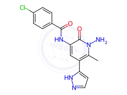 Chemical structure of N-[1-Amino-6-methyl-2-oxo-5-(1H-pyrazol-5-yl)-1,2-dihydropyridin-3-yl]-4-chlorobenzamide