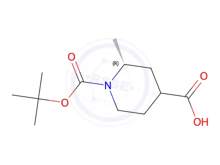 Chemical structure of (2R)-1-(tert-butoxycarbonyl)-2-methylpiperidine-4-carboxylic acid