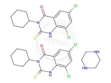 Chemical structure of 6,8-Dichloro-3-cyclohexyl-2-thioxo-2,3-dihydroquinazolin-4(1H)-one compound with piperazine (2:1)