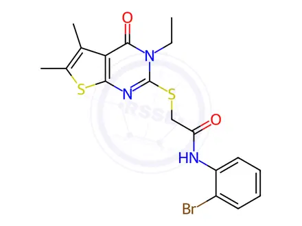 Chemical structure of N-(2-Bromophenyl)-2-((3-ethyl-5,6-dimethyl-4-oxo-3,4-dihydrothieno[2,3-d]pyrimidin-2-yl)thio)acetamide