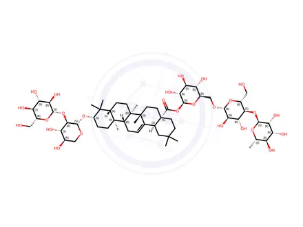 Chemical structure of Olean-12-en-28-oic acid, 3-[(2-O-β-D-glucopyranosyl-β-D-xylopyranosyl)oxy]-, O-6-deoxy-α-L-mannopyranosyl-(1→4)-O-β-D-glucopyranosyl-(1→6)-β-D-glucopyranosyl ester, (3β)-