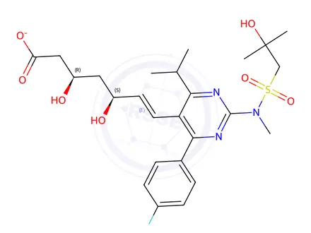 Chemical structure of (E,3R,5S)-7-[4-(4-fluorophenyl)-2-[(2-hydroxy-2-methylpropyl)sulfonyl-methylamino]-6-propan-2-ylpyrimidin-5-yl]-3,5-dihydroxyhept-6-enoate