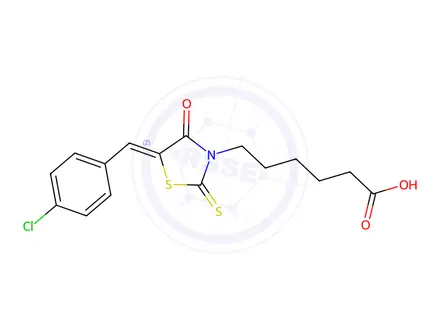 Chemical structure of 6-[(5Z)-5-[(4-chlorophenyl)methylidene]-4-oxo-2-sulfanylidene-1,3-thiazolidin-3-yl]hexanoic acid