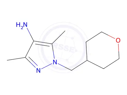 Chemical structure of 3,5-Dimethyl-1-((tetrahydro-2h-pyran-4-yl)methyl)-1h-pyrazol-4-amine