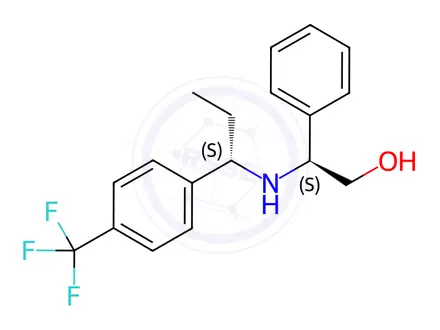 Chemical structure of (2S)-2-phenyl-2-[[(1S)-1-[4-(trifluoromethyl)phenyl]propyl]amino]ethanol