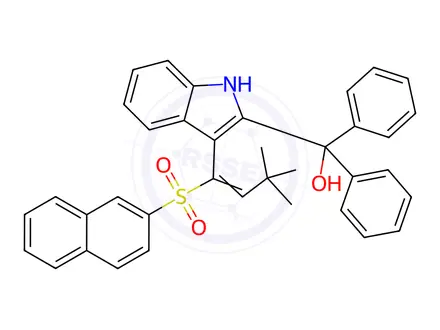 Chemical structure of (Z)-(3-(3,3-Dimethyl-1-(naphthalen-2-ylsulfonyl)but-1-en-1-yl)-1H-indol-2-yl)diphenylmethanol