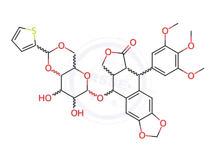 Chemical structure of (5R,5aα)-5,8,8aβ,9α-Tetrahydro-9β-[(4-O,6-O-[(2-thienyl)methylene]-β-D-glucopyranosyl)oxy]-5β-(3,4,5-trimethoxyphenyl)furo[3',4':6,7]naphtho[2,3-d]-1,3-dioxol-6(5aH)-one