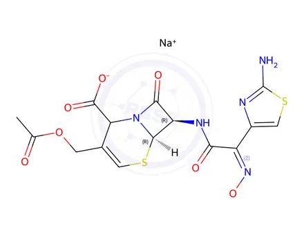 Chemical structure of sodium (6R,7R)-3-(acetoxymethyl)-7-((Z)-2-(2-aminothiazol-4-yl)-2-(methoxyimino)acetamido)-8-oxo-5-thia-1-azabicyclo[4.2.0]oct-3-ene-2-carboxylate