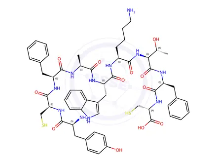 Chemical structure of H-Tyr-Cys-Phe-Ala-Trp-Lys-Thr-Phe-Cys-OH (Disulfide bond)
