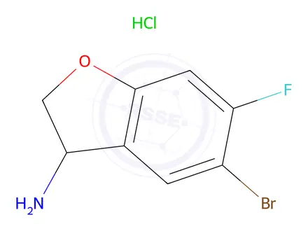 Chemical structure of 5-bromo-6-fluoro-2,3-dihydro-1-benzofuran-3-amine hydrochloride