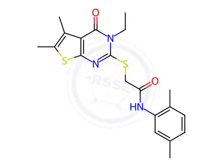 Chemical structure of N-(2,5-Dimethylphenyl)-2-((3-ethyl-5,6-dimethyl-4-oxo-3,4-dihydrothieno[2,3-d]pyrimidin-2-yl)thio)acetamide