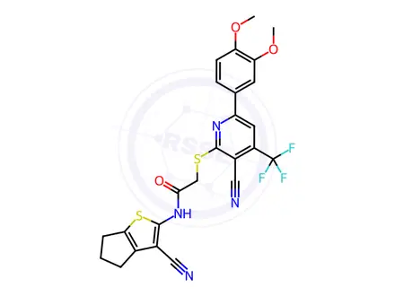 Chemical structure of N-{3-cyano-4H,5H,6H-cyclopenta[b]thiophen-2-yl}-2-{[3-cyano-6-(3,4-dimethoxyphenyl)-4-(trifluoromethyl)pyridin-2-yl]sulfanyl}acetamide