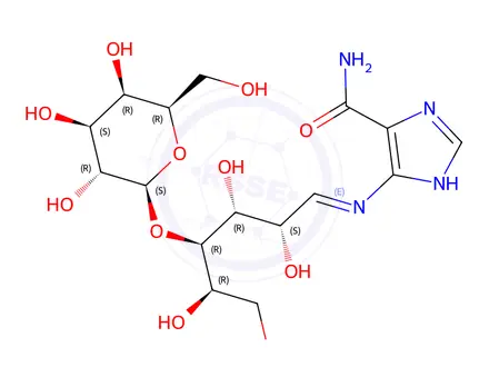 Chemical structure of 5-((E)-((2S,3R,4R,5R)-2,3,5,6-tetrahydroxy-4-(((2S,3R,4S,5R,6R)-3,4,5-trihydroxy-6-(hydroxymethyl)tetrahydro-2H-pyran-2-yl)oxy)hexylidene)amino)-1H-imidazole-4-carboxamide