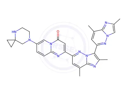Chemical structure of 7-(4,7-diazaspiro[2.5]octan-7-yl)-2-(2,2',8,8'-tetramethyl-[3,6'-biimidazo[1,2-b]pyridazin]-6-yl)-4H-pyrido[1,2-a]pyrimidin-4-one