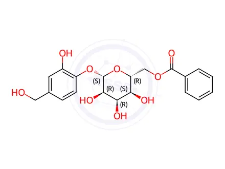 Chemical structure of [2-Hydroxy-4-(hydroxymethyl)phenyl]6-O-phenylcarbonyl-β-D-allopyranoside