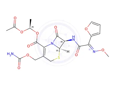 Chemical structure of (R)-1-Acetoxyethyl (6R,7R)-3-((carbamoyloxy)methyl)-7-((E)-2-(furan-2-yl)-2-(methoxyimino)acetamido)-8-oxo-5-thia-1-azabicyclo[4.2.0]oct-2-ene-2-carboxylate