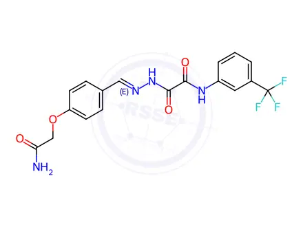 Chemical structure of N'-[(E)-[4-(2-amino-2-oxoethoxy)phenyl]methylideneamino]-N-[3-(trifluoromethyl)phenyl]oxamide