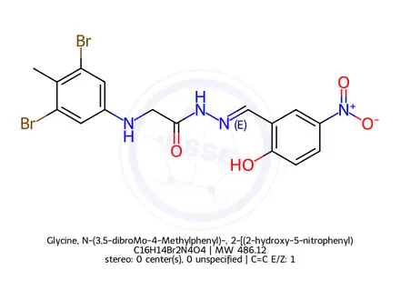 Chemical structure of Glycine, N-(3,5-dibroMo-4-Methylphenyl)-, 2-[(2-hydroxy-5-nitrophenyl)Methylene]hydrazide