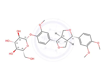 Chemical structure of (+)-Pinoresinol monomethyl ether 4-O-β-D-glucoside