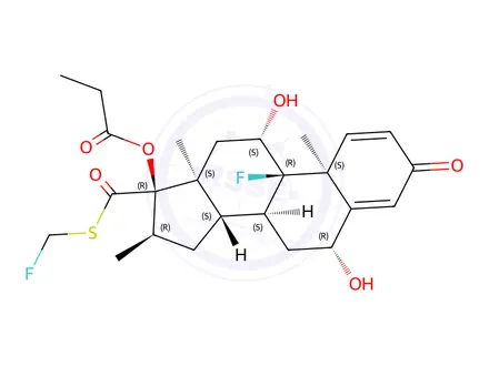 Chemical structure of (6R,8S,9R,10S,11S,13S,14S,16R,17R)-9-fluoro-17-(((fluoromethyl)thio)carbonyl)-6,11-dihydroxy-10,13,16-trimethyl-3-oxo-6,7,8,9,10,11,12,13,14,15,16,17-dodecahydro-3H-cyclopenta[a]phenanthren-17-yl propionate