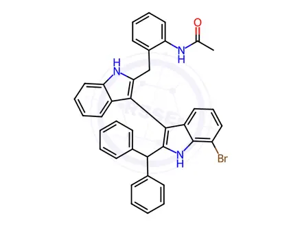 Chemical structure of N-(2-((2'-Benzhydryl-7'-bromo-1H,1'H-[3,3'-biindol]-2-yl)methyl)phenyl)acetamide