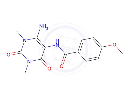 Chemical structure of Benzamide, N-(6-amino-1,2,3,4-tetrahydro-1,3-dimethyl-2,4-dioxo-5-pyrimidinyl)-4-methoxy-