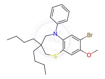 Chemical structure of 7-Bromo-3,3-dibutyl-2,3,4,5-tetrahydro-8-methoxy-5-phenyl-1,5-benzothiazepine