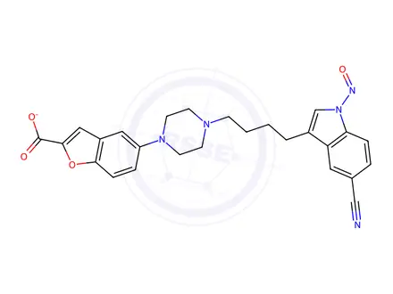Chemical structure of 5-(4-(4-(5-cyano-1-nitroso-1h-indole-3-yl)butyl)piperazine-1-yl)benzofuran-2-carboxylate