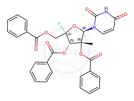 Chemical structure of Uridine, 4'-C-fluoro-2'-C-methyl-, 2',3',5'-tribenzoate