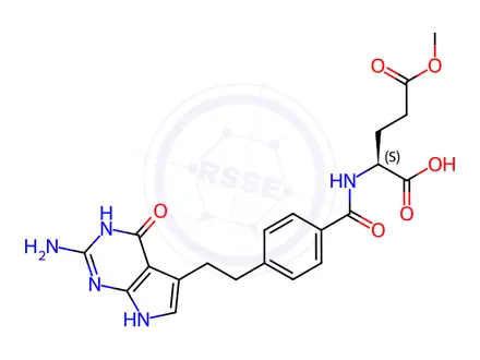 Chemical structure of (S)-2-(4-(2-(2-Amino-4-oxo-4,7-dihydro-1H-pyrrolo[2,3-d]pyrimidin-5-yl)ethyl)benzamido)-5-methoxy-5-oxopentanoic acid