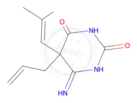 Chemical structure of 5-Allyl-6-imino-5-(2-methylprop-1-en-1-yl)dihydropyrimidine-2,4(1H,3H)-dione
