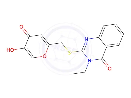 Chemical structure of 3-Ethyl-2-(((5-hydroxy-4-oxo-4H-pyran-2-yl)methyl)thio)quinazolin-4(3H)-one